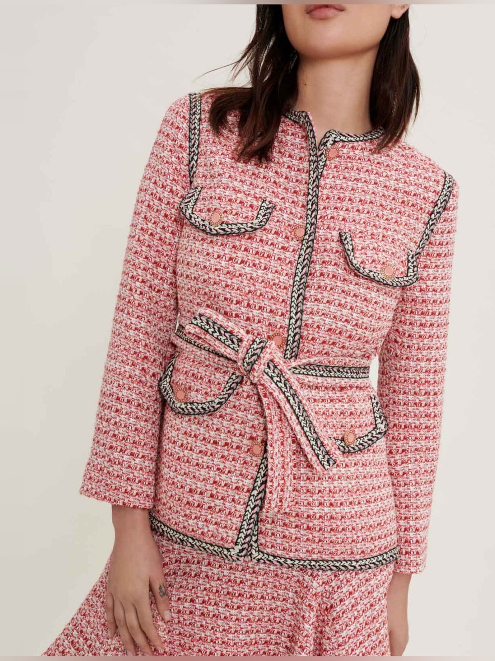 NWT $535 Maje Venetia Two Tone Tweed Pink Rose Rouge Belted Blazer